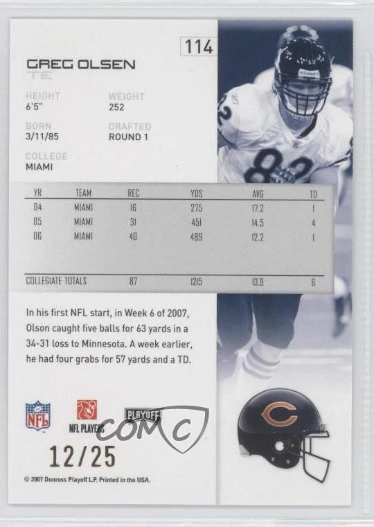 2007 Playoff NFL Playoffs Rookie Gold Holofoil /25 Greg Olsen #114 Rookie RC - Image 2 of 2