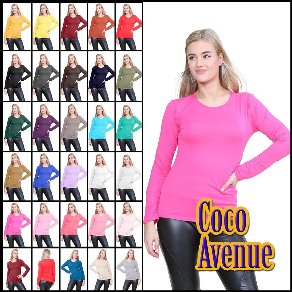Ladies Round Neck Top Long Sleeve T-Shirt Stretchy Jersey Plain Basic Casual Top - Image 1 of 1