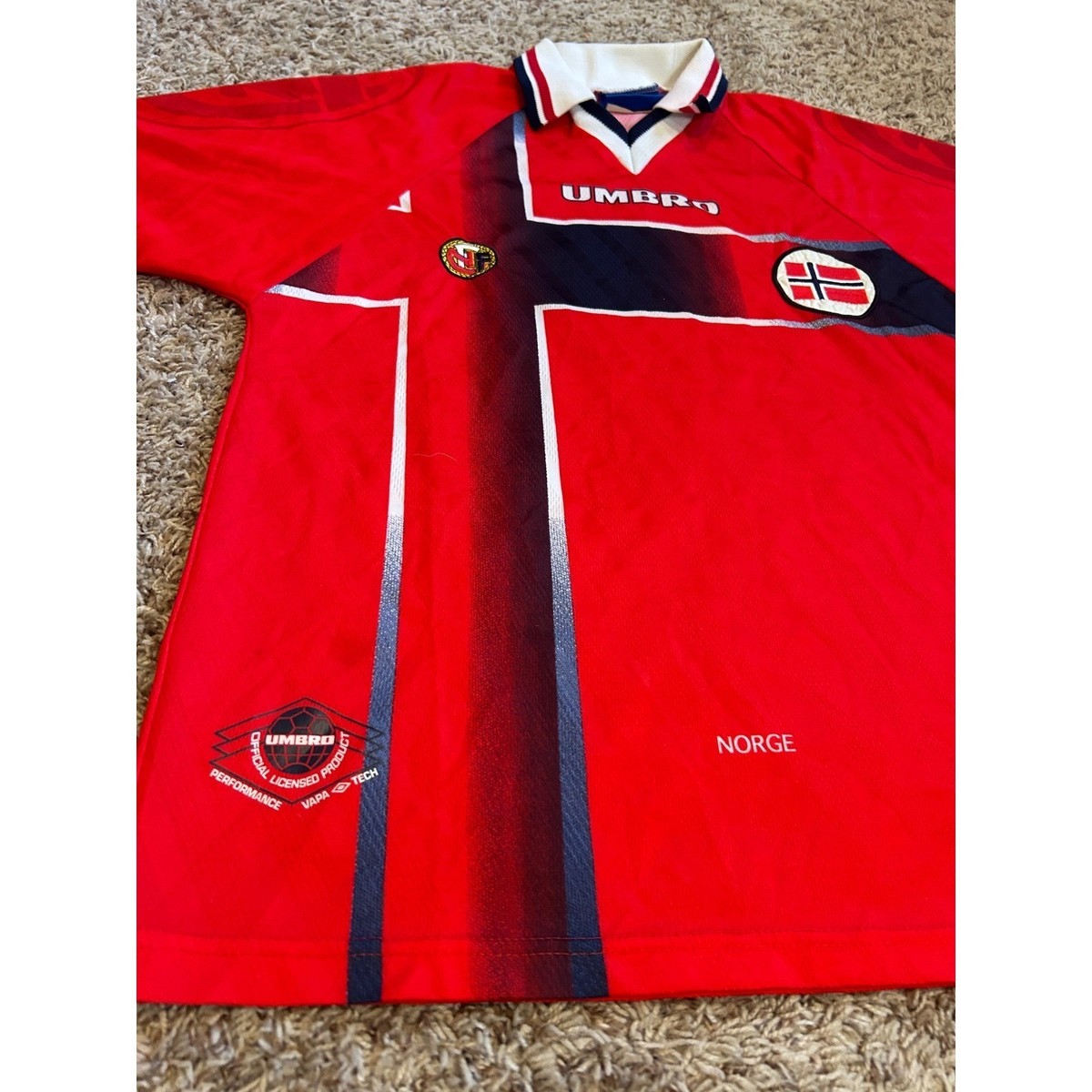 Vintage Umbro Norway Norge Soccer Jersey Red Mens Medium 90s Vapa