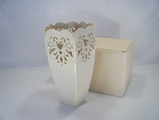 Lenox Ivory 10” Pierced Porcelain Vase Gold Trim Heart Cutout Scalloped Rim