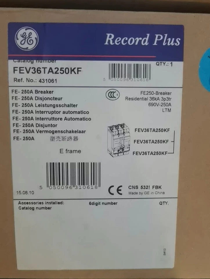 Interruptor de circuito de caja moldeada GE General Electric FEV36TA250KF 3P 250A 431061 Foto 2 de 2