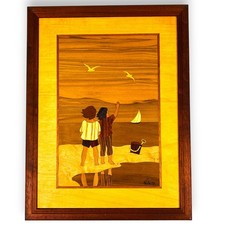 Marquetry Hudson River Inlay Children at The Beach Nelson Wood Inlay 10x13