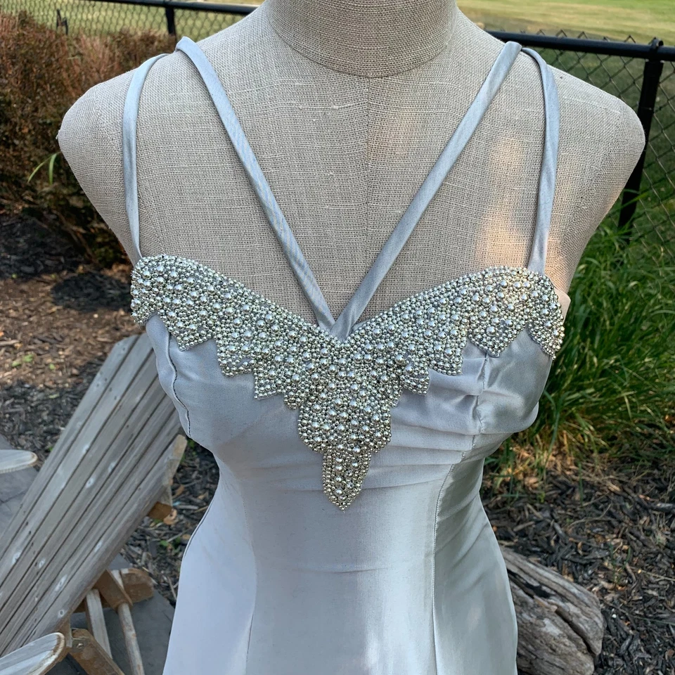 Vintage Beaded Maxi Dress Gown 5/6 Metallic Silver Prom Formal Fairy Union Made - Image 2 of 4
