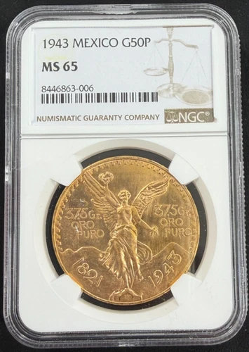 Photo of a 1943 Mexico 50 Pesos Gold from an eBay listing that sold on Jul 20, 2026
