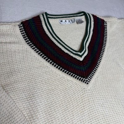 Vintage BASIX Fenn Wright Manson Mens Cream Waffle Knit V Neck Sweater L