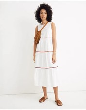 Madewell Rickrack Cattail Tiered Cotton Midi Dress White Sleeveless Size M Lined