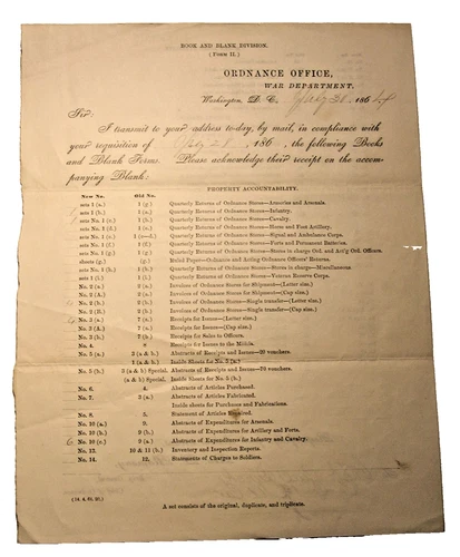 CIVIL WAR ORDNANCE FORM signed by CAPT  PAUL DIRCKS Co. G, 1st MARYLAND CAVALRY