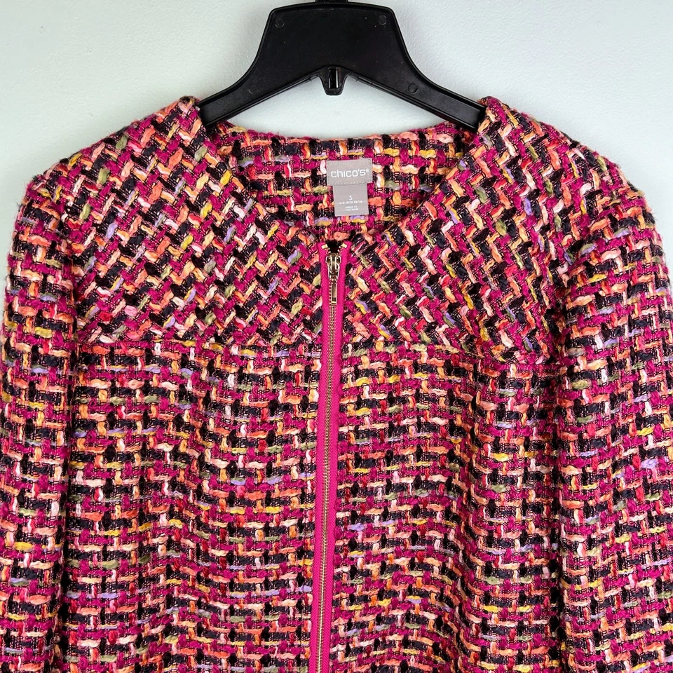 NUEVO CON ETIQUETAS Chico's Color Pop Tweed Chaqueta Blazer Rosa Multi Manga Larga Tejido talla 3 16 Foto 2 de 4