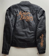 Harley-Davidson black leather jacket orange embroidered back and sleeve, women S