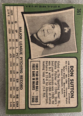 1971 Topps Don Sutton Baseball Card #361 Dodgers Pitcher HOF Low 