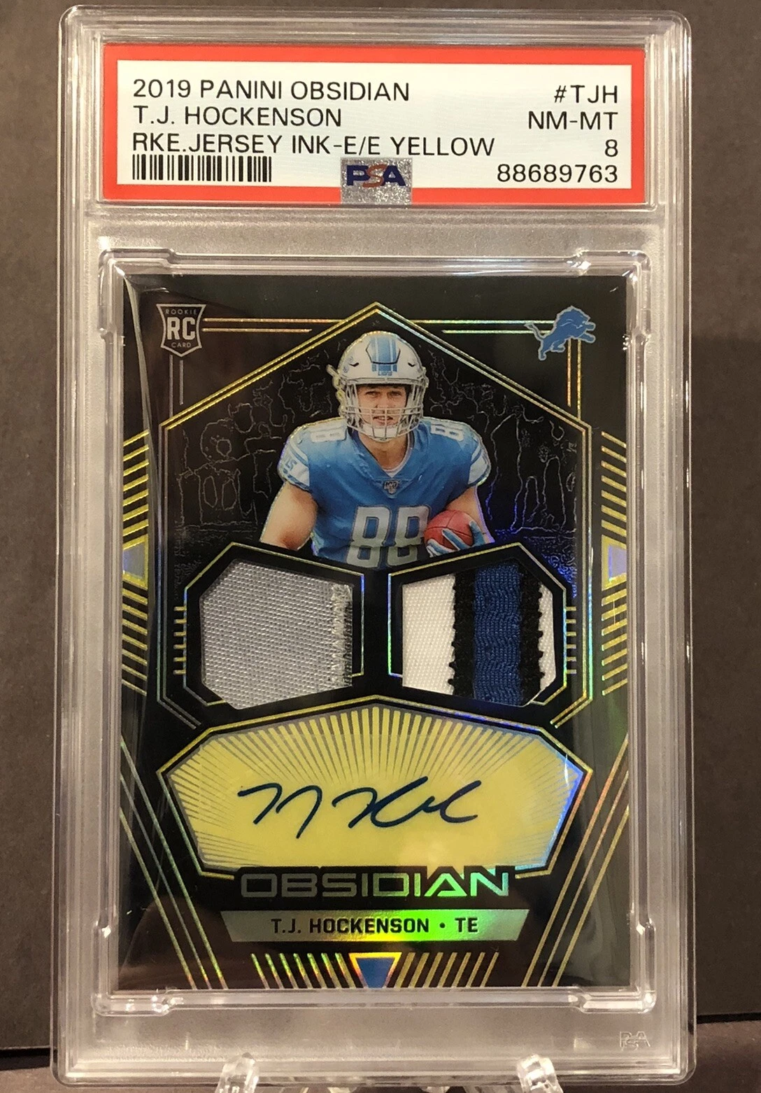 TJ Hockenson Panini Obsidian Rookie Jersey Ink #TJH Electric Etch Yellow