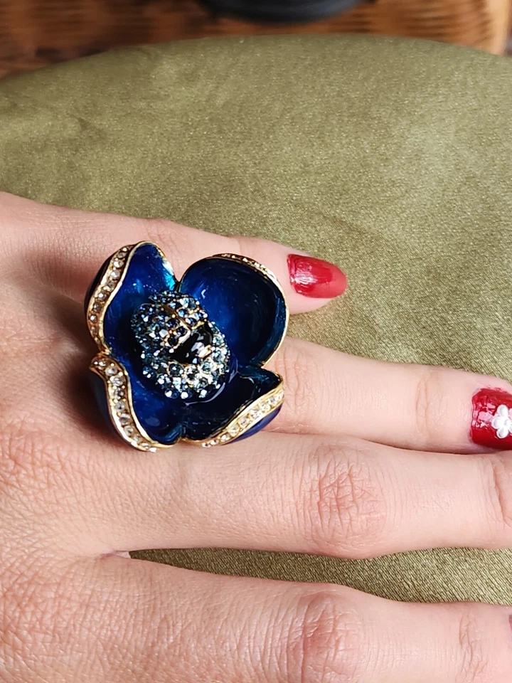 ANILLO INSECTO FLOR PENSAMIENTO CRISTAL ESMALTE AZUL talla 6 Foto 2 de 4