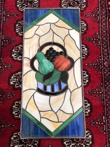 Vintage 3D Leaded Slag-Stained Glass Window Kitchen Panel Fruit Basket 11”x 24"