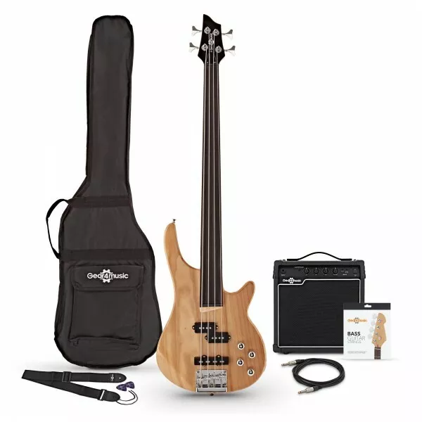 Chicago Fretless Bass Guitar 15W Amp Pack by Gear4music Natural