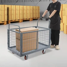 Platform Truck Cart w/Cage, Push Cart w/Casters for Groceries/Garage/Warehouse
