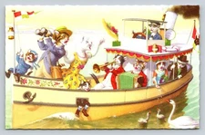 Eugen Hartung Mainzer Old Postcard Dressed Cats Enjoy Musical Party Boat Ride