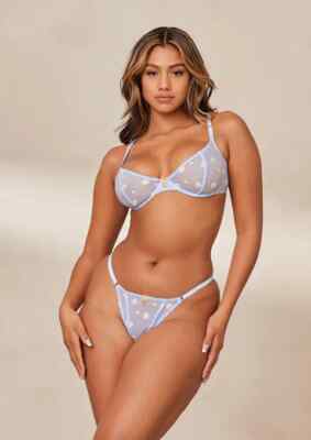 Lounge Underwear transparenter Blumen BH 36DD & Spitze Träger Tanga (L) Set blau UVP63 