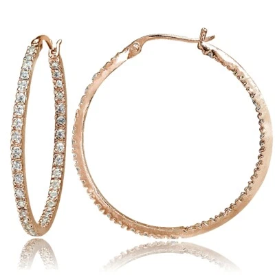 Or Rose Ton Sur 925 Argent Zircone Intérieur Out 30mm Rond Boucle D'Oreilles - Photo 1/3