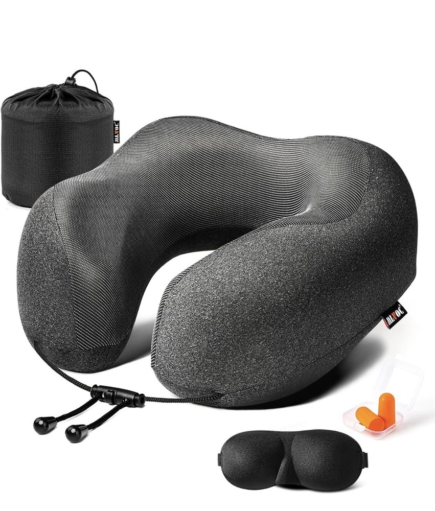 Travel Pillow Memory Foam Neck Adjustable Comfort Breathable Cover, Airplane Blk
