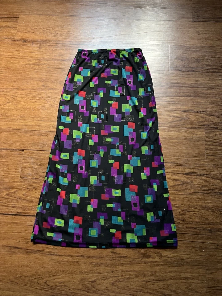 Vintage Y2K 90s Skirt Size 4 Black Multicolor Geometric Layered Long Mod Grunge - Image 4 of 4
