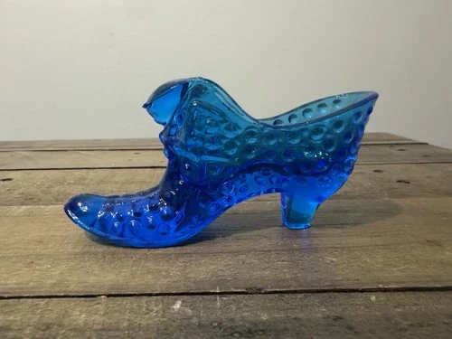 Vintage Fenton Art Glass Blue Hobnail Cat Head Shoe-Excellent Condition