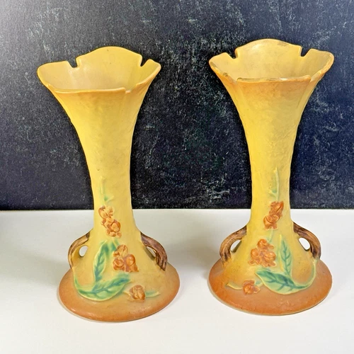 Pair Roseville Pottery Bittersweet Vases 879-7” Yellow Gold with Red Flowers