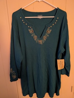VTG Classic Elements Tunic Top Shirt Women Large (14-16) Green Floral Embroidery