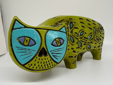 Banco de monedas de gato maché papel verde pintado a mano Pride Creations años 60 vintage Japón