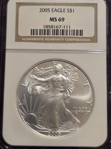 2005 $1 American Silver Eagle NGC MS69 Brown Label 1oz .999 Silver