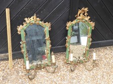Antique Mirrored wall sconce set with Brass electric candle lamps .Painted Wood