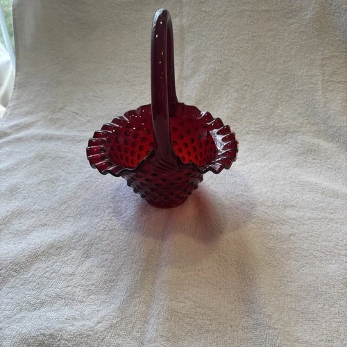 Beautiful Vintage Fenton Art Glass Hobnail Basket In A Rich Ruby Red Color. 9.5