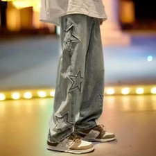 Y2k Star Embroidery Baggy Casual Jeans Men Gothic Neutral Wide Leg Straight Pant
