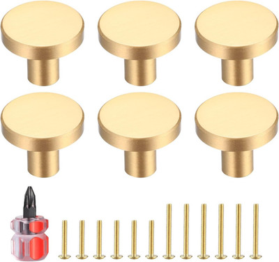 Gold Cabinet Knobs, 6 Pcs Brushed Brass Round Kitchen Cabinet Hardware Pulls Kno