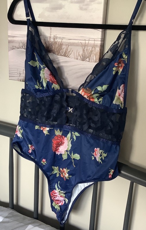 Navy Blue Floral Teddie/ Bodysuit Trimmed In Lace, Size Large