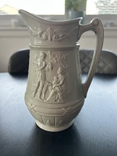 Grey Parian Ware Style Jug Husband And Wife Scenes Stamped England
