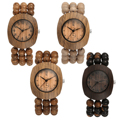 Bohemian Womens Barrel Case Elastic Strap Quartz Wrist Watch Wood Bead Bracelet