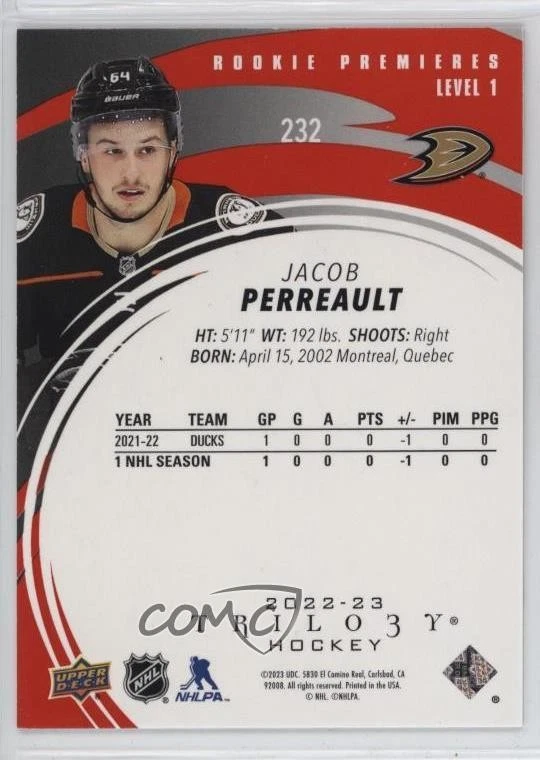 2022 Upper Deck Trilogy Premieres Red /49 Level 3 Jacob Perreault #232 Rookie RC - Image 2 of 2