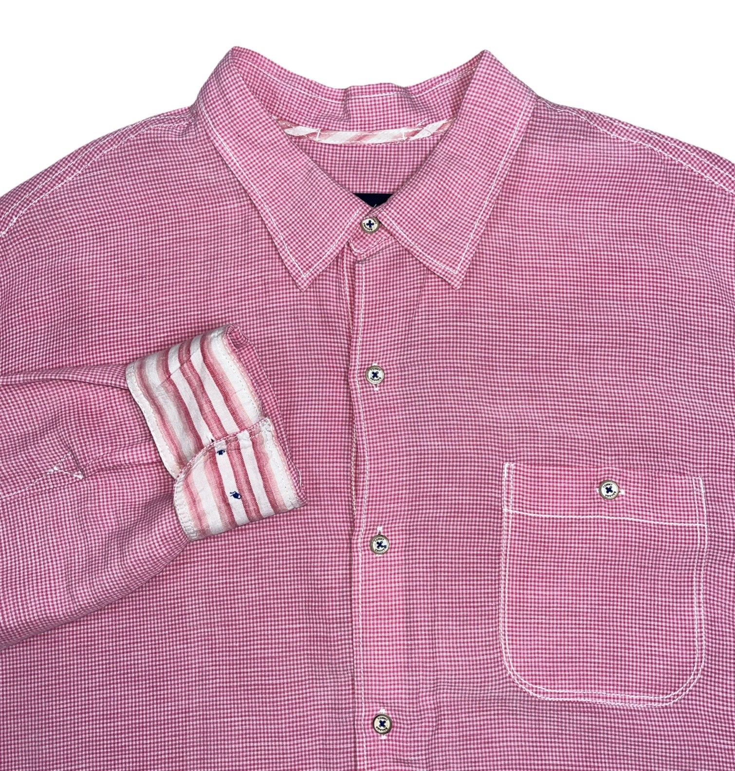 Tommy Bahama Mens Button-Up Long Sleeve Linen Flip Cuff Gingham Shirt Pink XL
