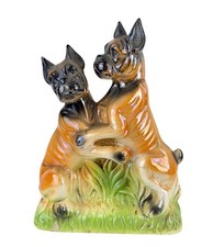 Vintage Boxer Puppies Playing Ceramic Figurine Iridescent Luster Glaze Japan