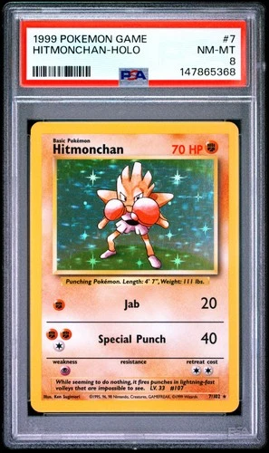 1999 POKEMON BASE SET UNLIMITED #7 HITMONCHAN-HOLO PSA 8
