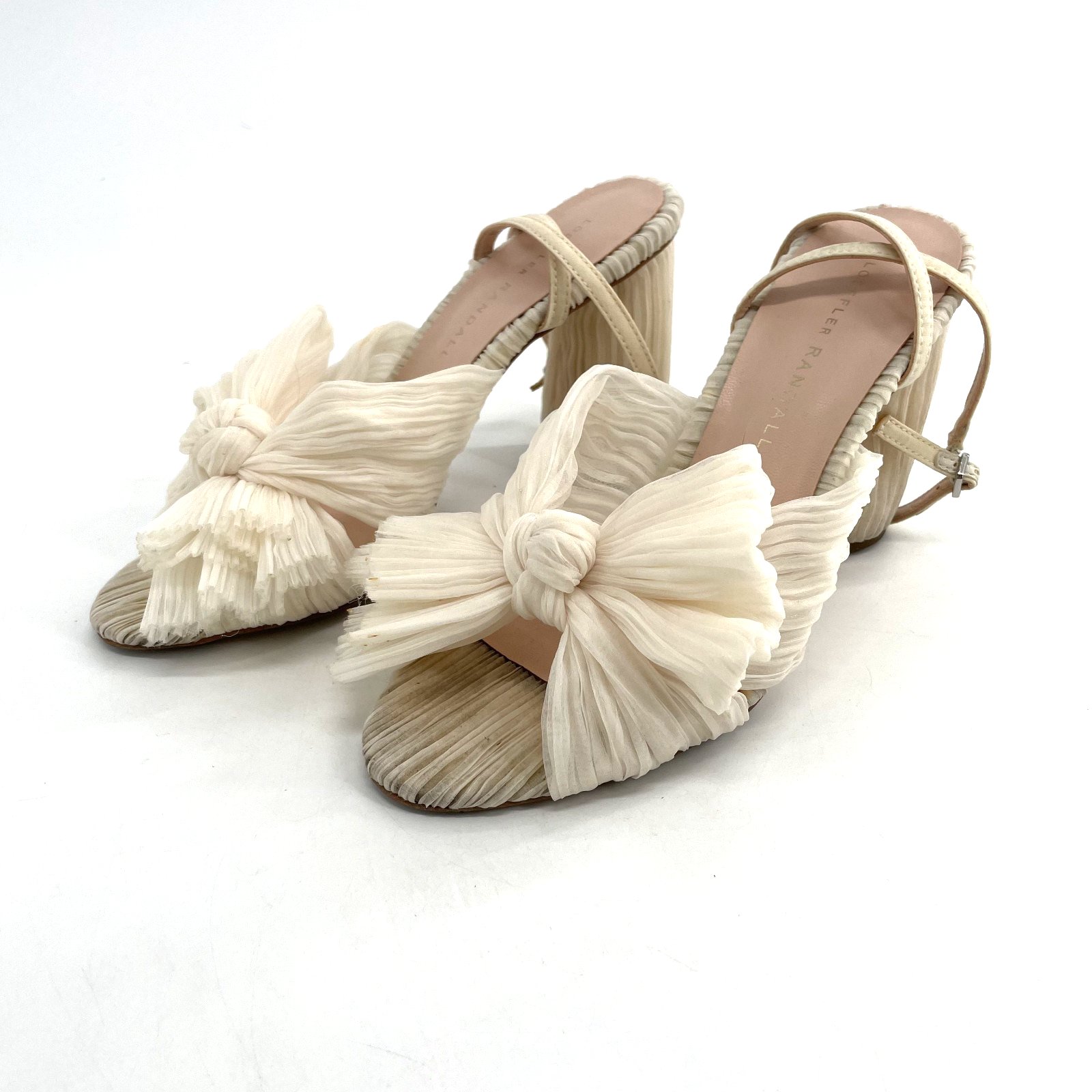 APL Scarpe sandalo Loeffler Randall nodo camelia donna 5 5B panna pieghettato fiocco tacco