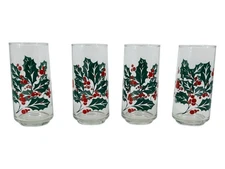 Vintage CRISA Holly Berry Christmas Glasses Set of 4 Holiday Tumblers