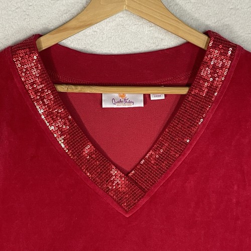 Quacker Factory Reversible Sequin V Neck Holiday Sweater 2X Velour Red - Picture 3 of 8