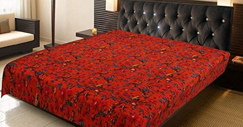 Bird Print Orange Cotton Kantha Quilt Throw Blanket Handmade Kantha 90X60 in - Picture 3 of 3
