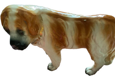 Bernhardiner Hund Ornament braun & weiß viktorianisch antik Keramik Glasaugen