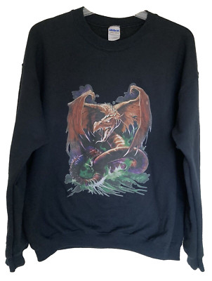 Liquid Blue Dragon Vintage Gildan Print Black Sweatshirt Top Pullover L Large