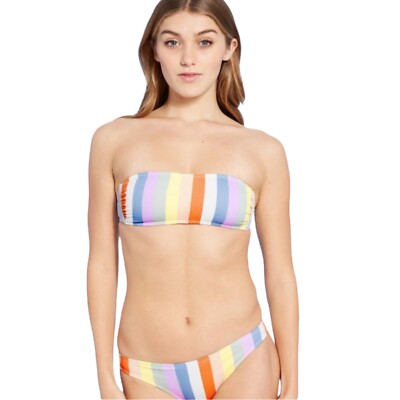 Xhilartion Women M/L White Pastel Striped Bandeau Two Piece Swimsuit Swim New