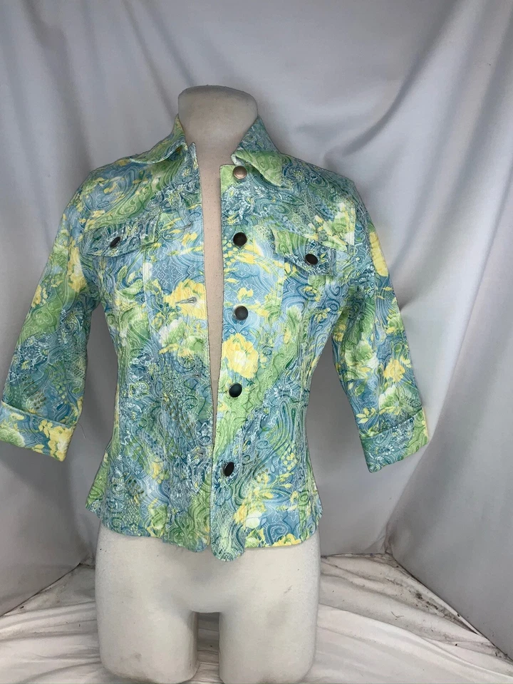 Chaqueta Blazer Analogy Petites Petite S Azul Verde Floral Algodón Poli YGI E0-317 Foto 2 de 4