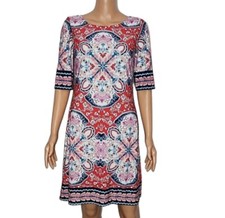 ELIZA J  RED BLUE LINED SHORT SLEEVE SHIFT DRESS BACK ZIPPER SIZE 8 MEDIUM