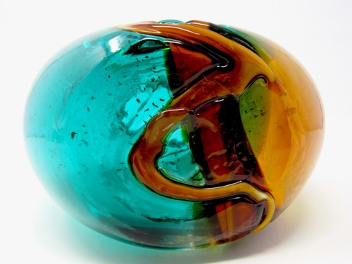 Very Big Murano Art Glass Freeform Outer Strap Silver Leaf Vase Aqua Amber - Picture 12 of 12